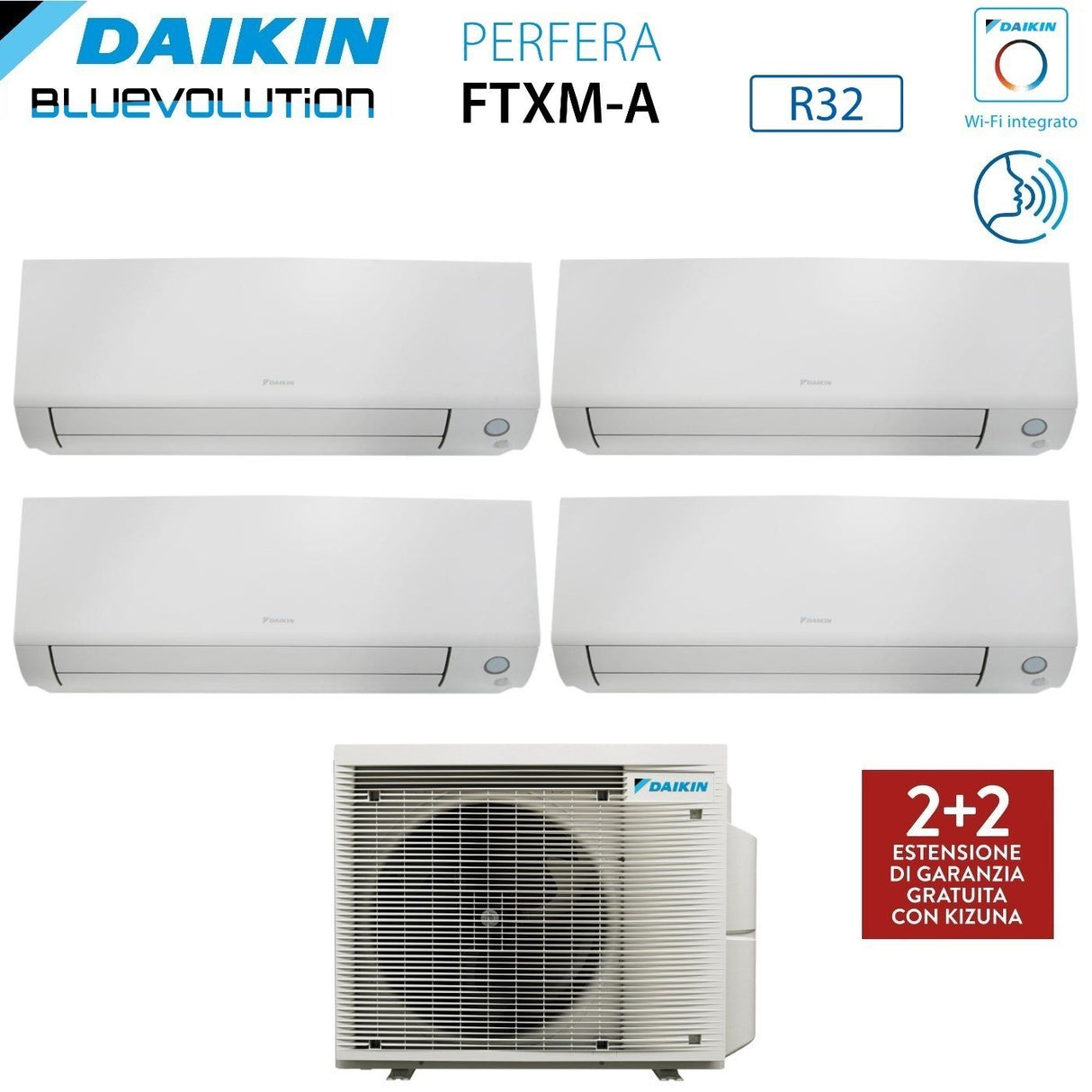 Climatizzatore Condizionatore Daikin Bluevolution Quadri Split Inverter serie PERFERA ALL SEASON 9+9+9+15 con 4MXM80A R-32 Wi-Fi Integrato 9000+9000+9000+15000 Garanzia Italiana vertaald naar het Nederlands is: Airconditioner Daikin Bluevolution Quad Split Inverter serie PERFERA ALL SEASON 9+9+9+15 met 4MXM80A R-32 geïntegreerde Wi-Fi 9000+9000+9000+15000 Italiaanse garantie.