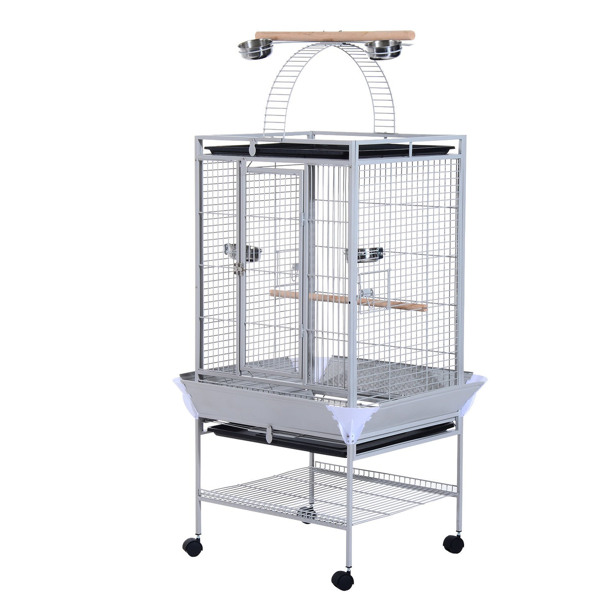 Easycomfort Volière voor Vogels met Wielen Hoogte 161,5cm, Stalen Bakjes en Houten Zitstokken, Zilver