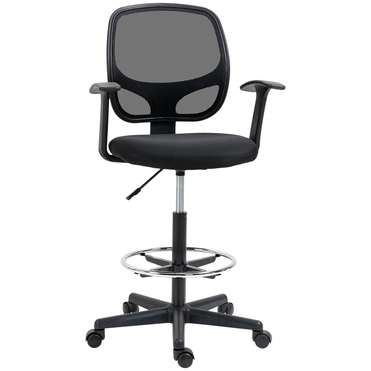 Easycomfort Kantoorstoel met Verstelbare Hoogte, Armleuningen, Wieltjes en Gestoffeerde Zitting, 60x56x110-132 cm, Zwart