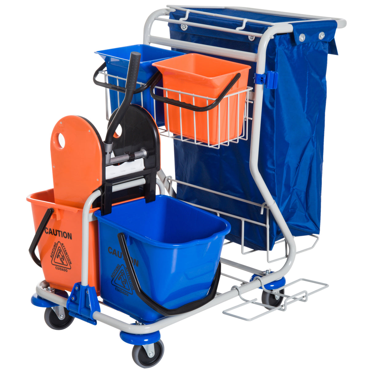 Easycomfort Reinigingskar Professioneel met 4 Emmer 18l/6l, Waterdichte Vuilniszak, Blauw en Oranje, 93x80x97cm