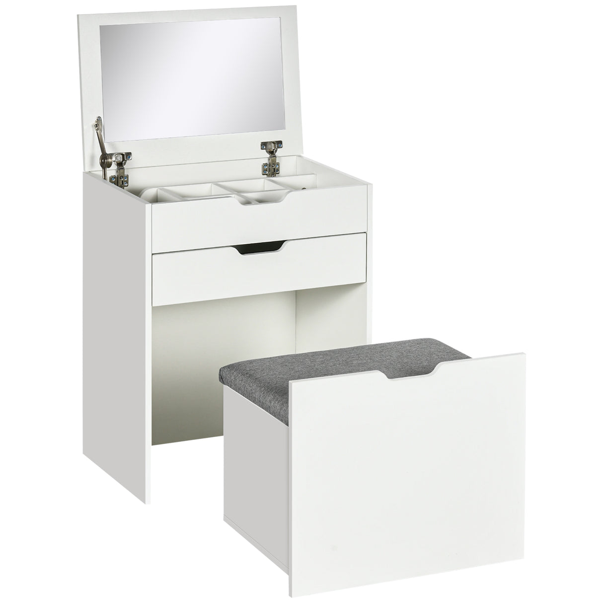 Easycomfort Kaptafel met Spiegel, Lade en Bijpassende Kruk van Hout, Wit
