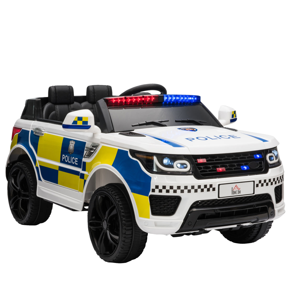 Easycomfort Elektrische Politieauto voor Kinderen, 12V Batterij en Afstandsbediening, Baken en Licht, USB-poort voor Muziek, 110x68x52cm, Wit