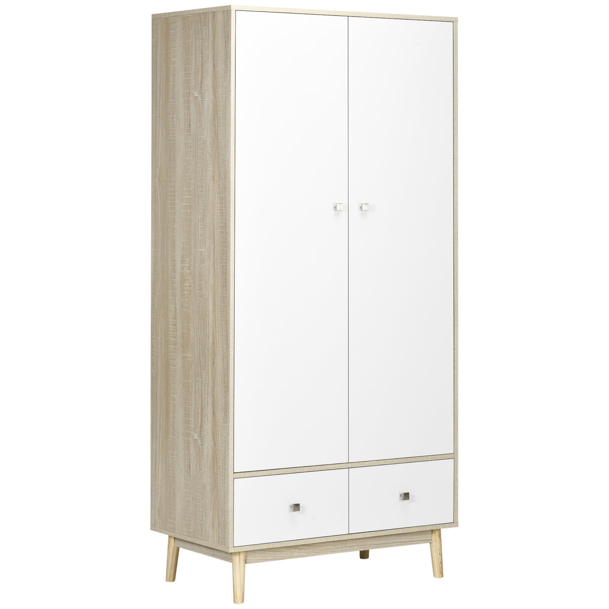 Easycomfort Kledingkast met 2 Deuren van Hout met 4 Vakken, 2 Laden en Kledingrek, Hout en Witte Kleur, 90x50x190cm