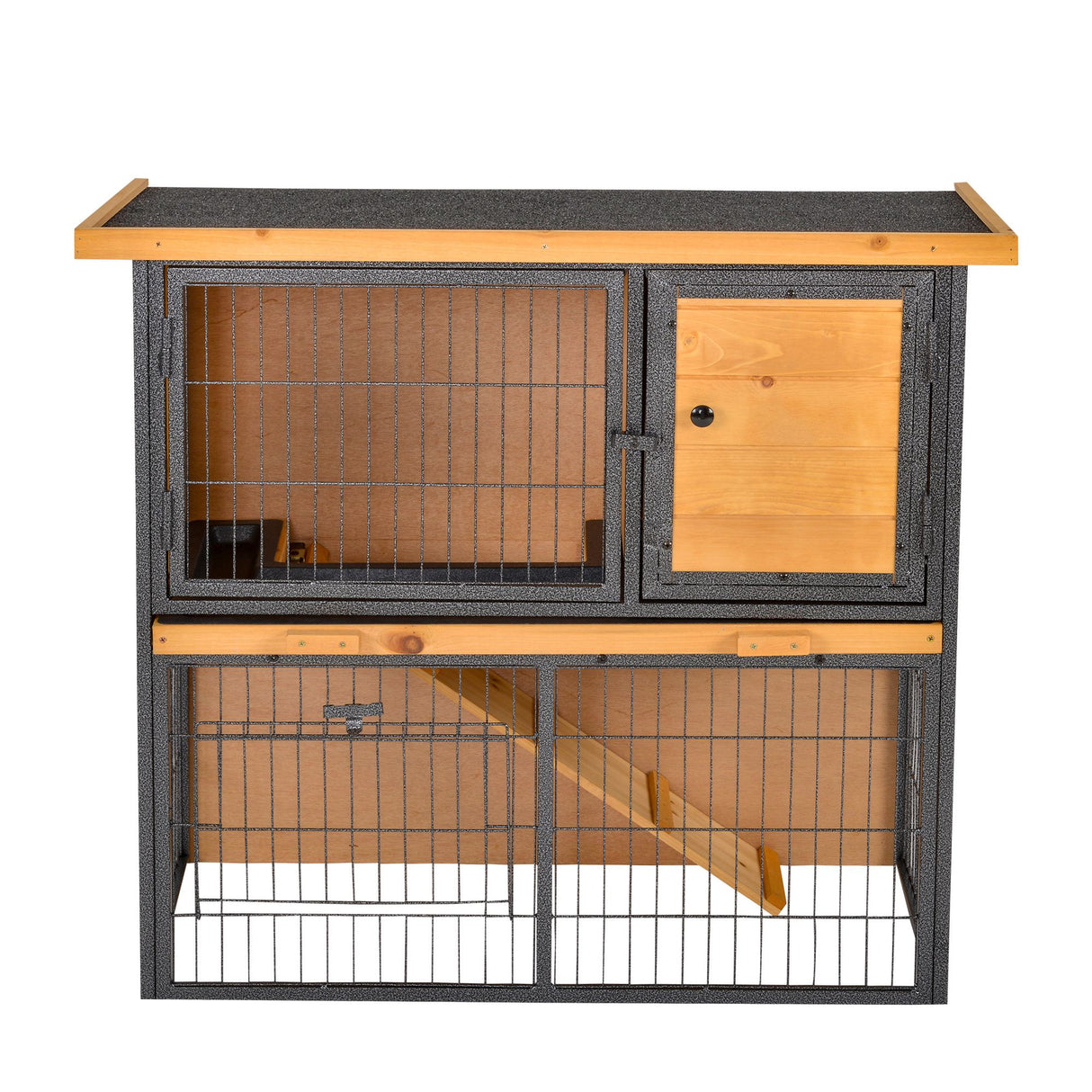 Easycomfort Konijnenkooi met Ramp en Open Gebied, Konijnenhok van Hout en Metaal op 2 Niveaus, Lichtgeel, 89.5x45x81cm