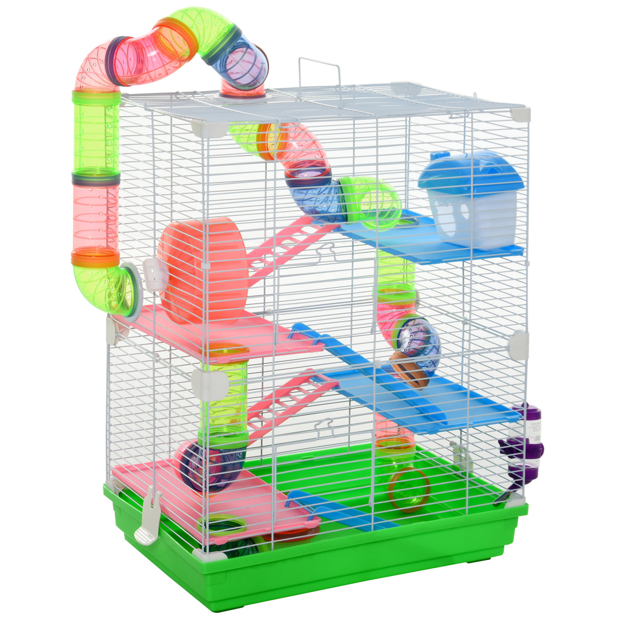 Easycomfort Kooi met Handvat voor Hamsters met 5 niveaus met Gekleurde Buizen, Looprad voor Hamsters, Trapjes, Huisje en Voerbak Accessoires, 46x30x58 cm