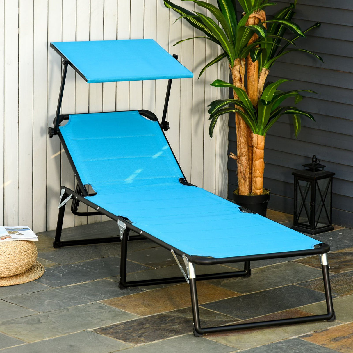 Easycomfort Opvouwbare ligstoel voor buiten met luifel en gewatteerde schuimrubberen bekleding, tuinligbed met verstelbare rugleuning 66x164x81cm blauw