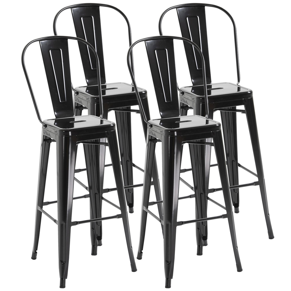 Easycomfort Set van 4 Stapelbare Barkrukken Hoge Keukenstoelen, van Metaal met Verwijderbare Rugleuning, Industrieel Design met Voetensteun, 44x49x116cm, Zwart