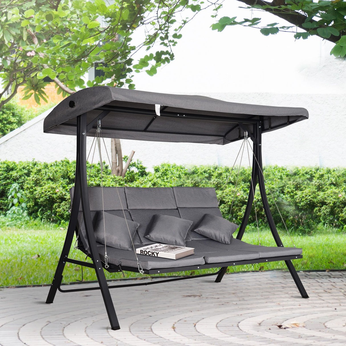Easycomfort Tuinschommel voor 3 Personen, Buitenschommel met Ligstoel en Verstelbaar Dak, Zwart en Grijs, 200 x 115 x 168 cm.