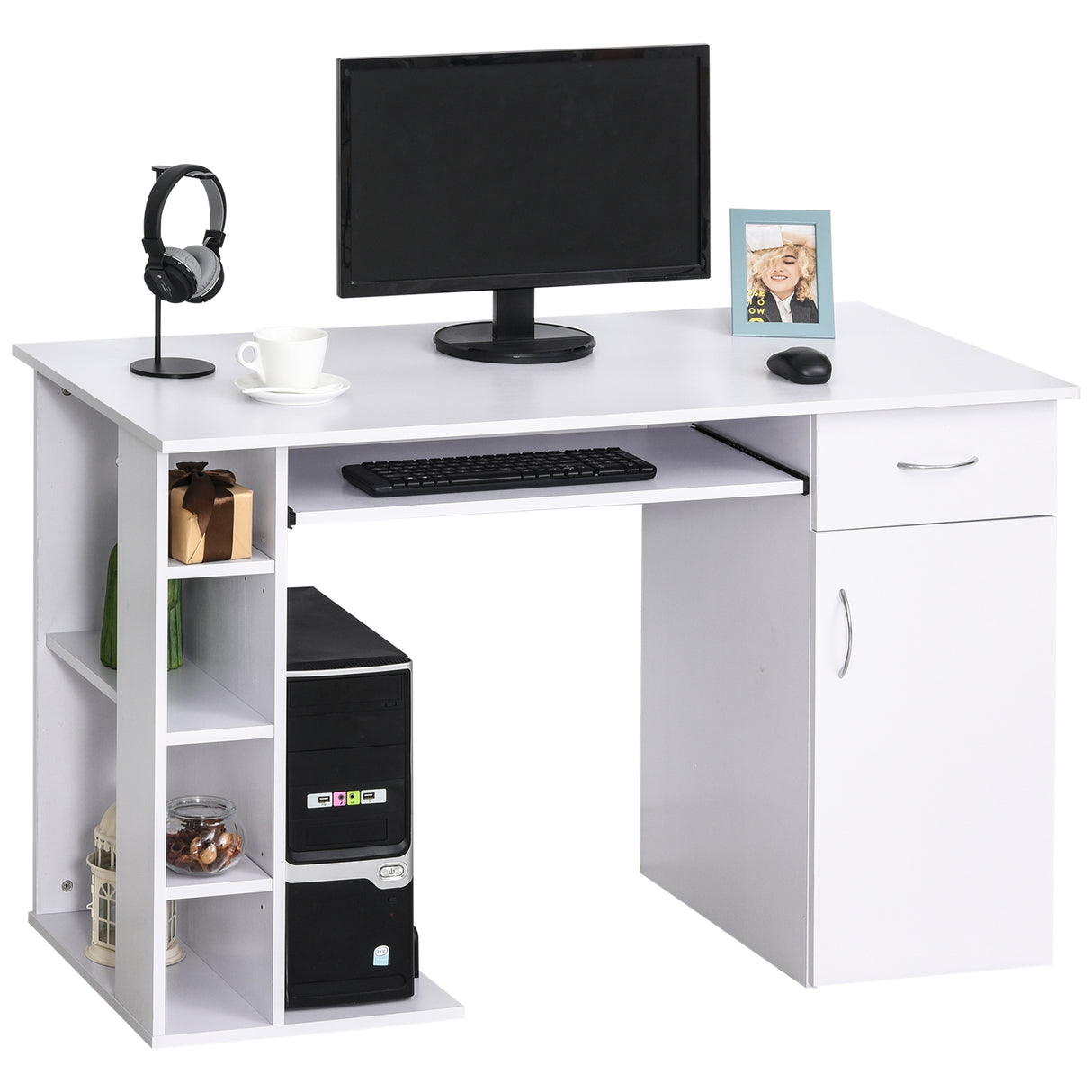 Easycomfort Bureau voor PC Ergonomisch met Legplanken, Kast, Lade en Uitschuifbaar Toetsenbordblad, Wit, 120x60x74cm