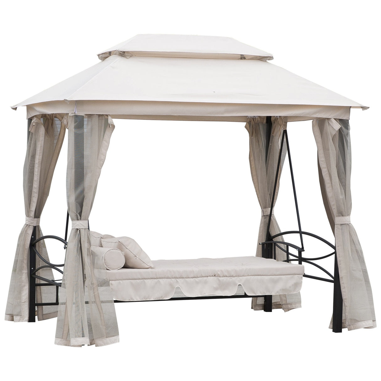 Easycomfort Schommelstoel 3-zitsbank en eenpersoons ligbed Gazebo met klamboe en kussens 256x172x248cm Crème
