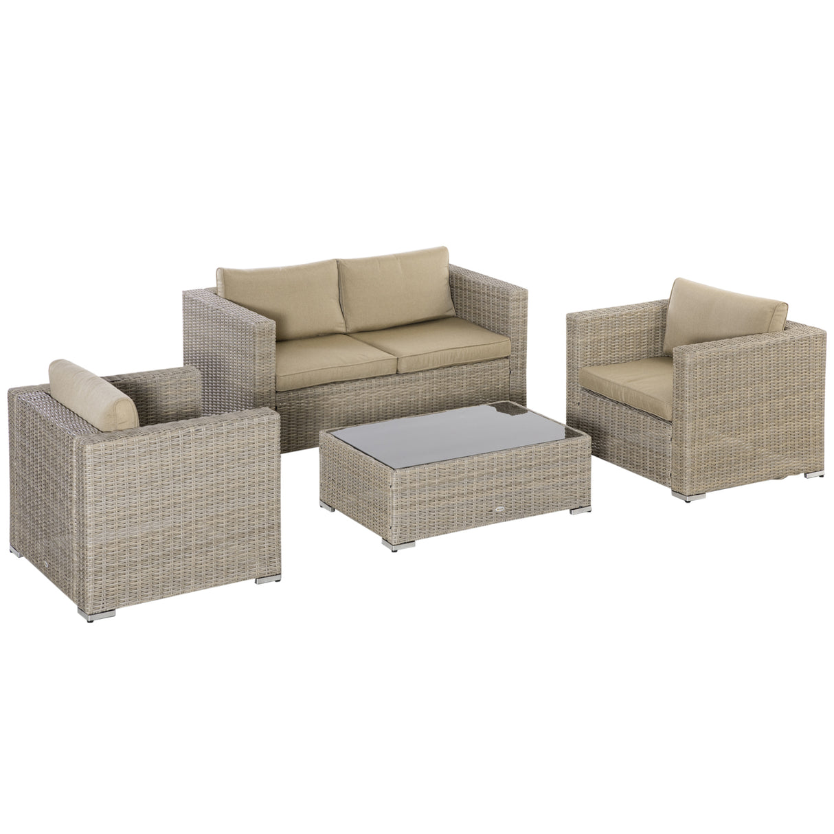 Easycomfort Set 4 Stuks Buitensalon van Rattan met 1 Bank, 2 Stoelen en 1 Tafel, Kaki en Beige