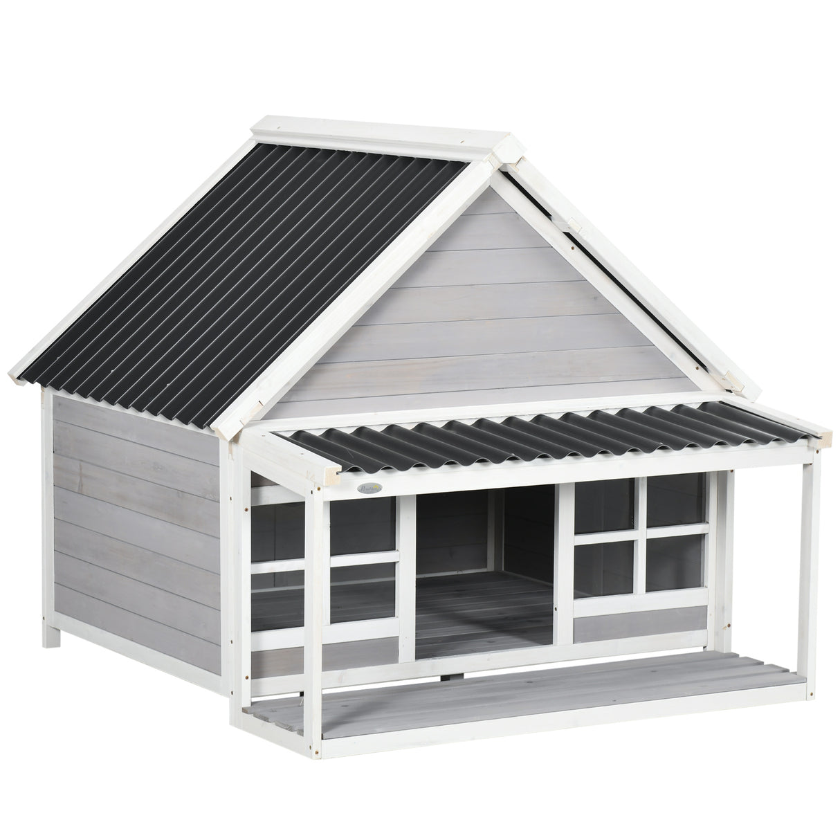 Easycomfort Hondenhok voor Buiten van Hout en PVC met Veranda en Ramen, 126x118x105cm, Grijs