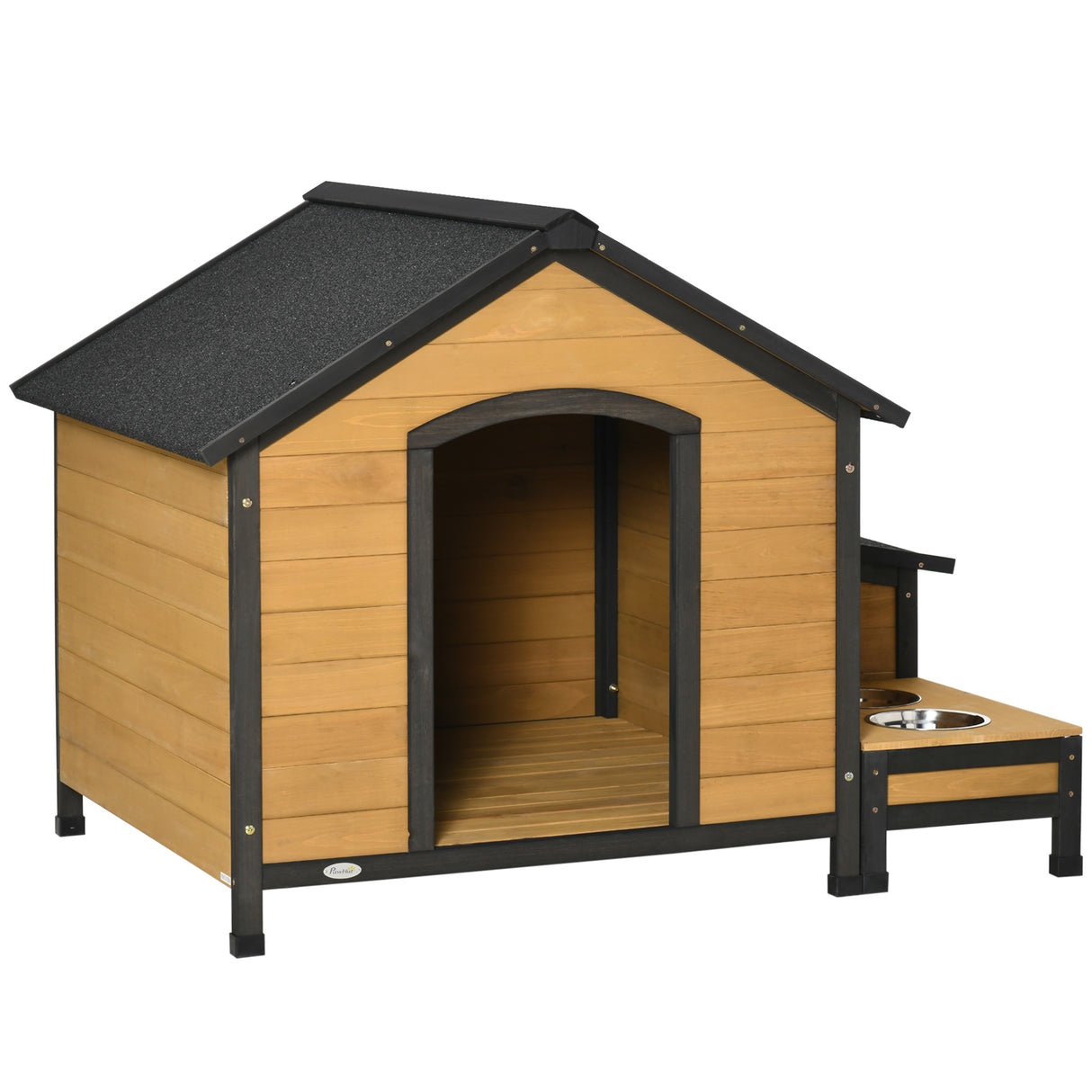 Easycomfort hondenmand voor middelgrote honden met 2 voerbakdeuren, buitenbox en bitumendak, 130x93x92cm