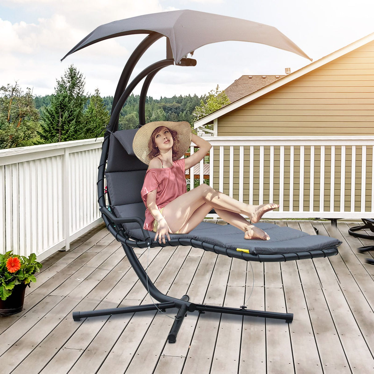 Easycomfort Hangstoel voor de tuin met verstelbaar zonnedak met UV-bescherming, Hangende Schommelstoel met bekleding voor buiten, Donkergrijs 190x115x190 cm
