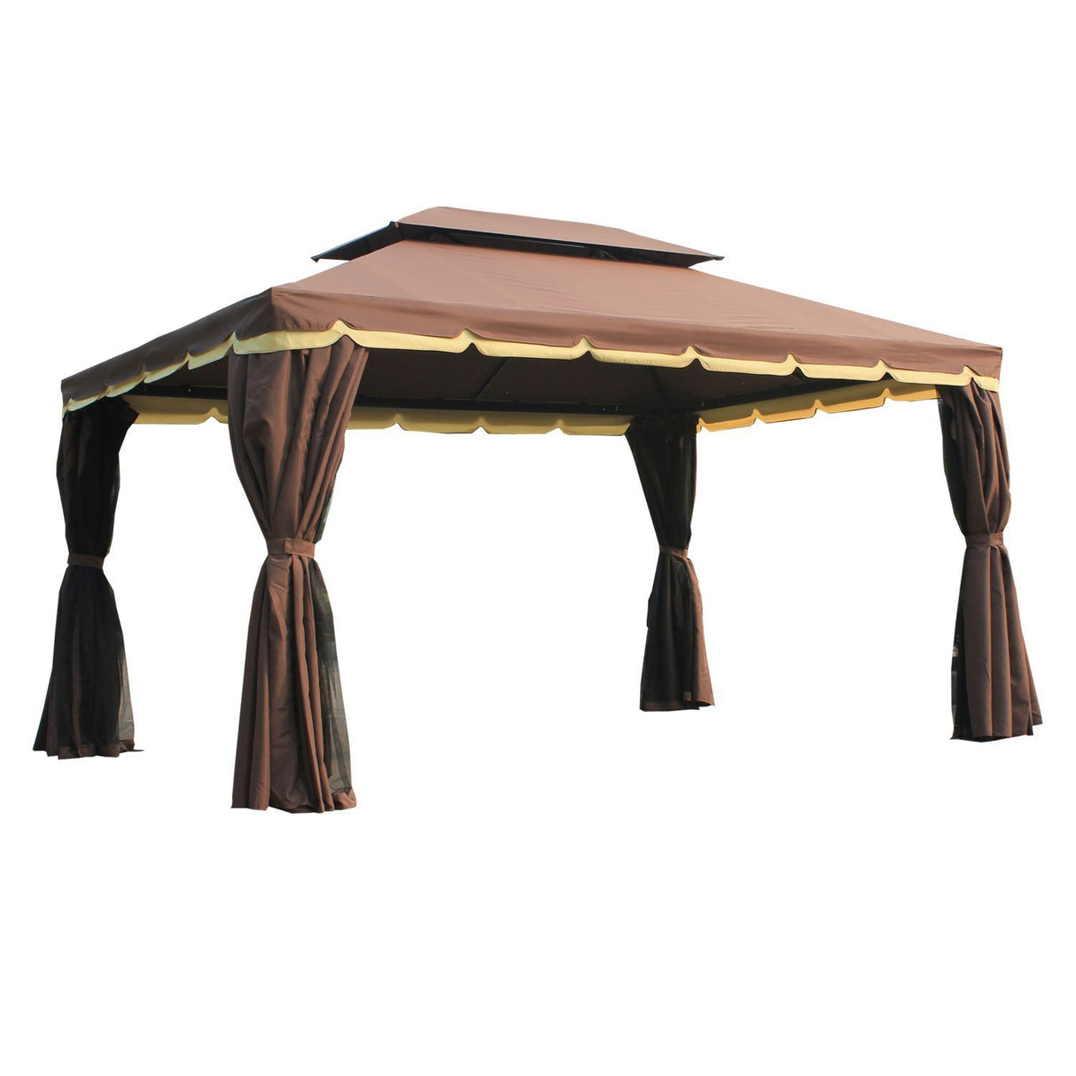 Easycomfort Tuinpaviljoen 3x4m met Dubbel Dak, Muggennet en Gordijnen, Aluminium en Polyester, Koffiekleur