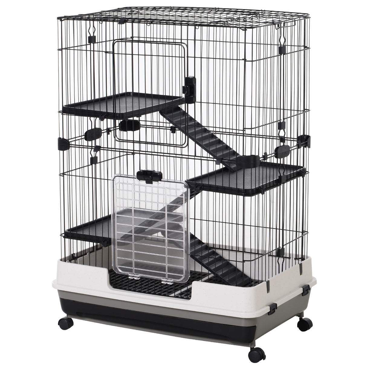 Easycomfort Kooi met 3 verdiepingen in metaal met dienblad voor knaagdieren, konijnen en fretten met 4 wielen, 81.2x52.7x114cm, Zwart