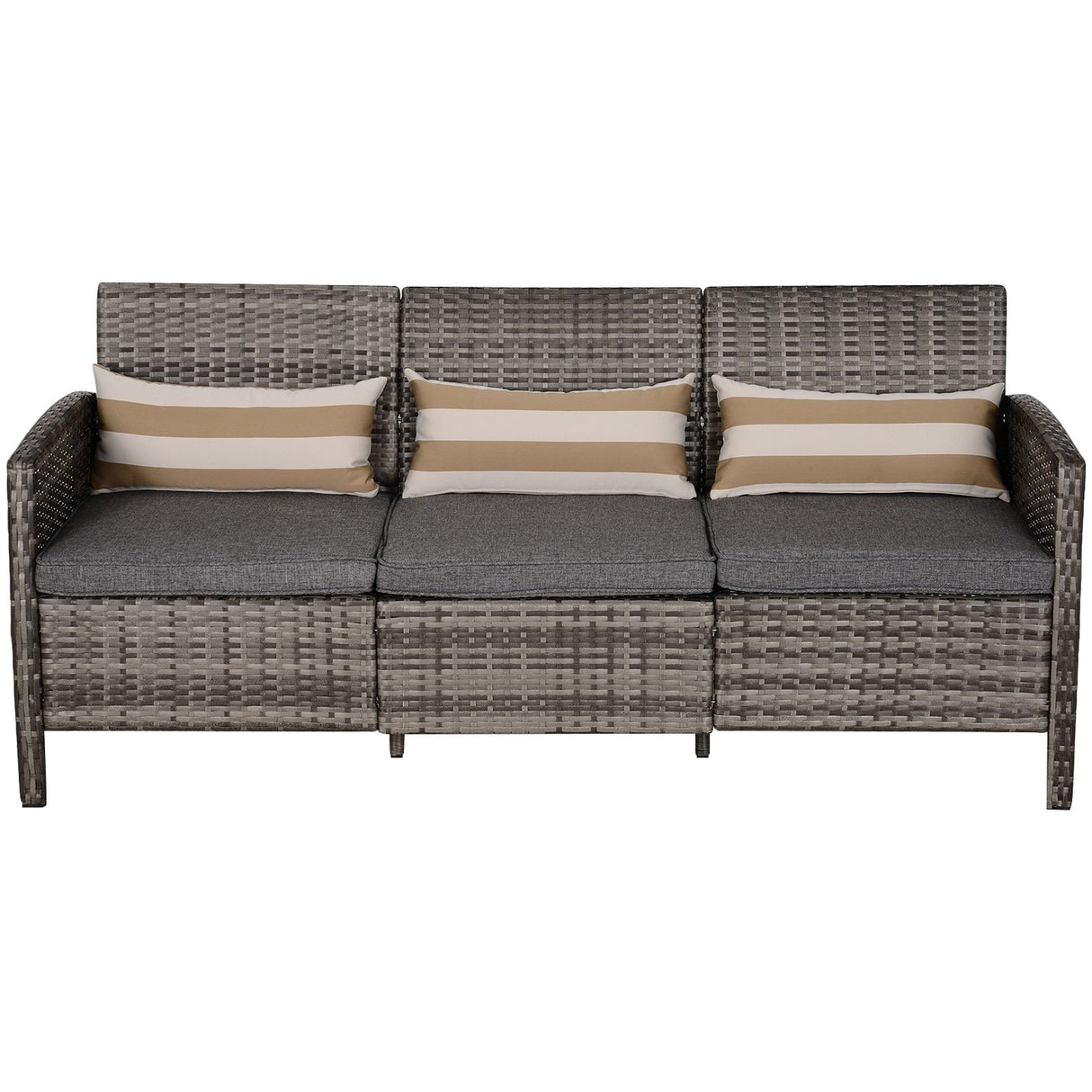 Gemak en comfort Bankstel voor 3 Personen voor Buiten in PE Rattan met Grijze Gestreepte Kussens 173x68x78cm