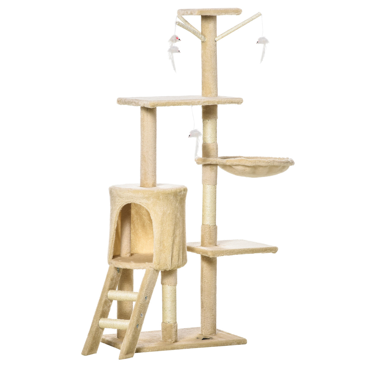 Easycomfort Albero Krabpaal voor Katten met 4 Speeltjes en Huisje van Hout en Natuurlijk Sisal, 50x35x134.2 cm, Beige