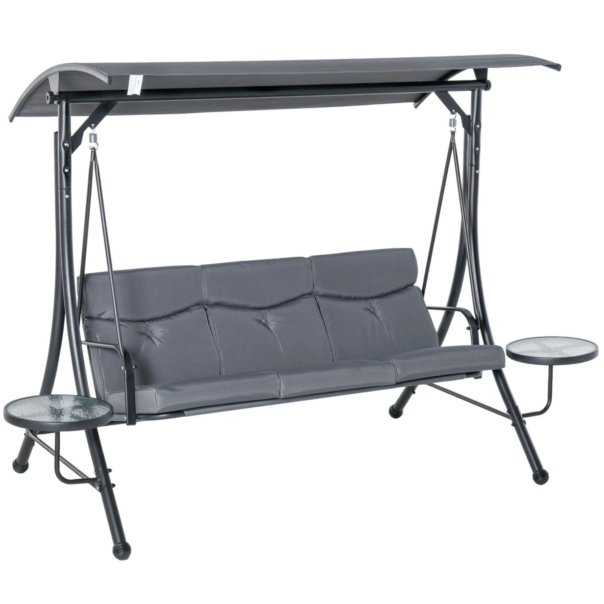 Easycomfort Tuinschommel voor 3 personen, Buitenschommel met Verstelbaar Dak en 2 Tafeltjes, Grijs 271x125x177cm