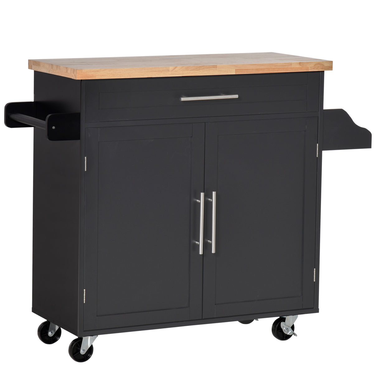 Easycomfort Keukentrolley met Laden, Kruidenrek en Kastje, Serveerwagen met 4 Wielen en Werkblad van Hout, 109x40x89cm, Zwart