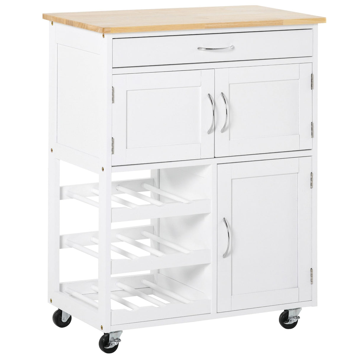 Easycomfort Dienbladwagen, Keukentrolley van Wit Hout met Flessenhouder 1 Lade en 3 Deurtjes, 67x37x87cm