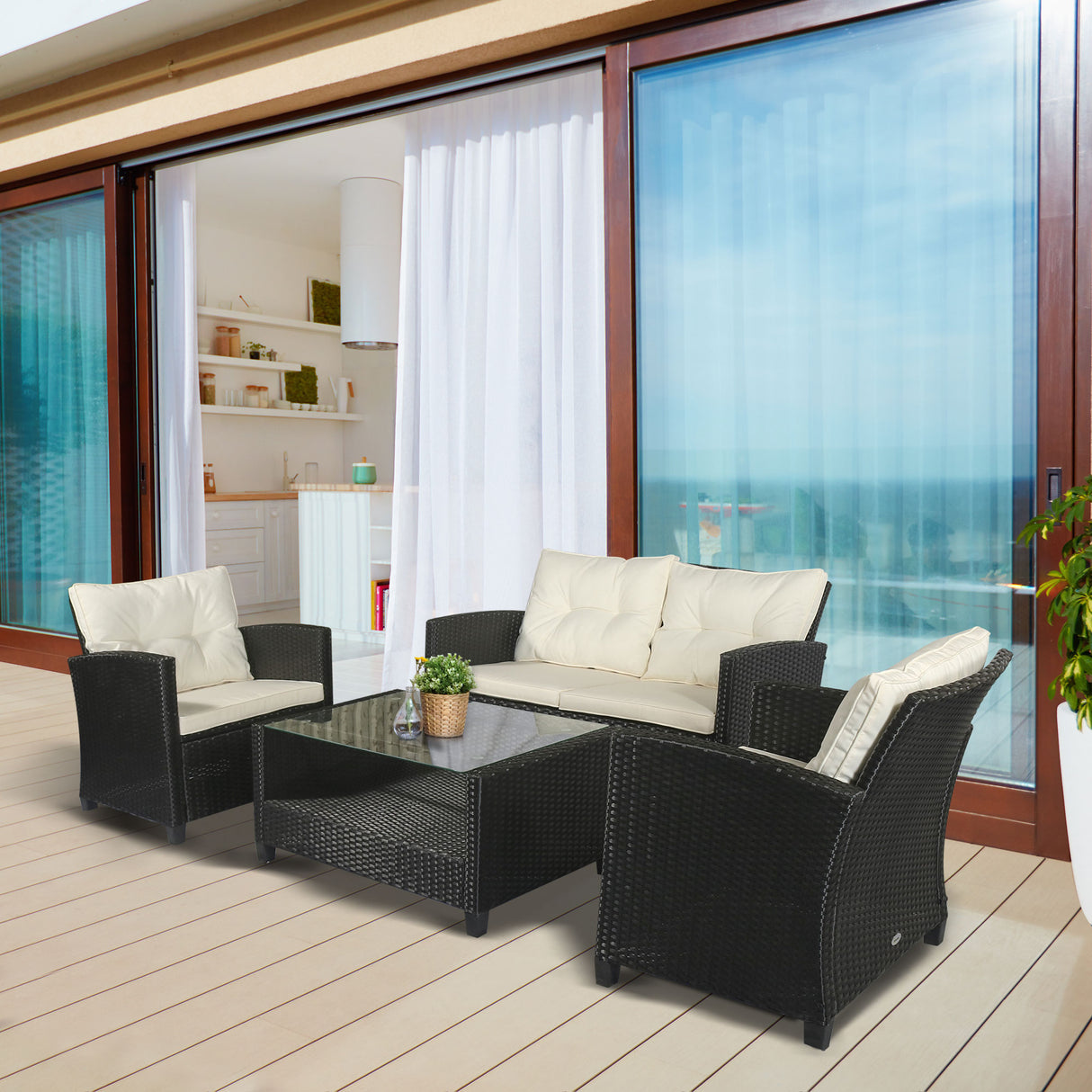 Easycomfort Tuinmeubelset 4-delig van PE Rotan met Tafel, Gestoffeerde Bank en Stoelen in Zwart en Beige 124x68x76cm