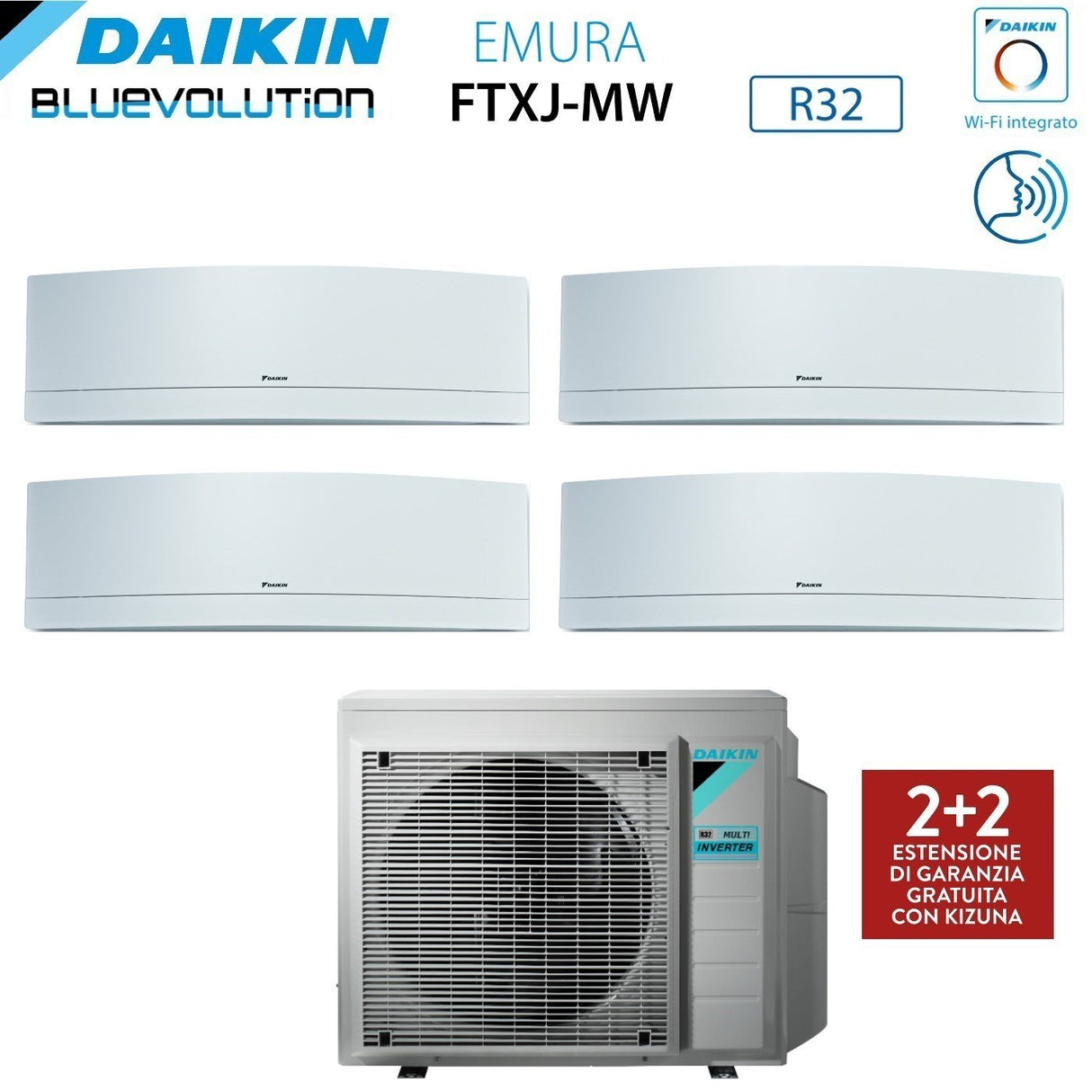 Climatizzatore Condizionatore Daikin Bluevolution Quadri Split Inverter serie EMURA WHITE 9+9+9+12 con 4MXM80N R-32 Wi-Fi Integrato 9000+9000+9000+12000 colore Bianco - Garanzia Italiana