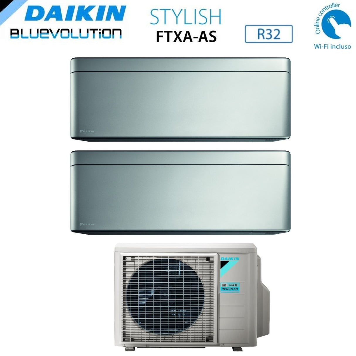 Climatizzatore Condizionatore Daikin Bluevolution Dual Split Inverter serie STYLISH SILVER 9+9 con 2MXM50M/M9 R-32 Wi-Fi Integrato 9000+9000 colore GRIGIO