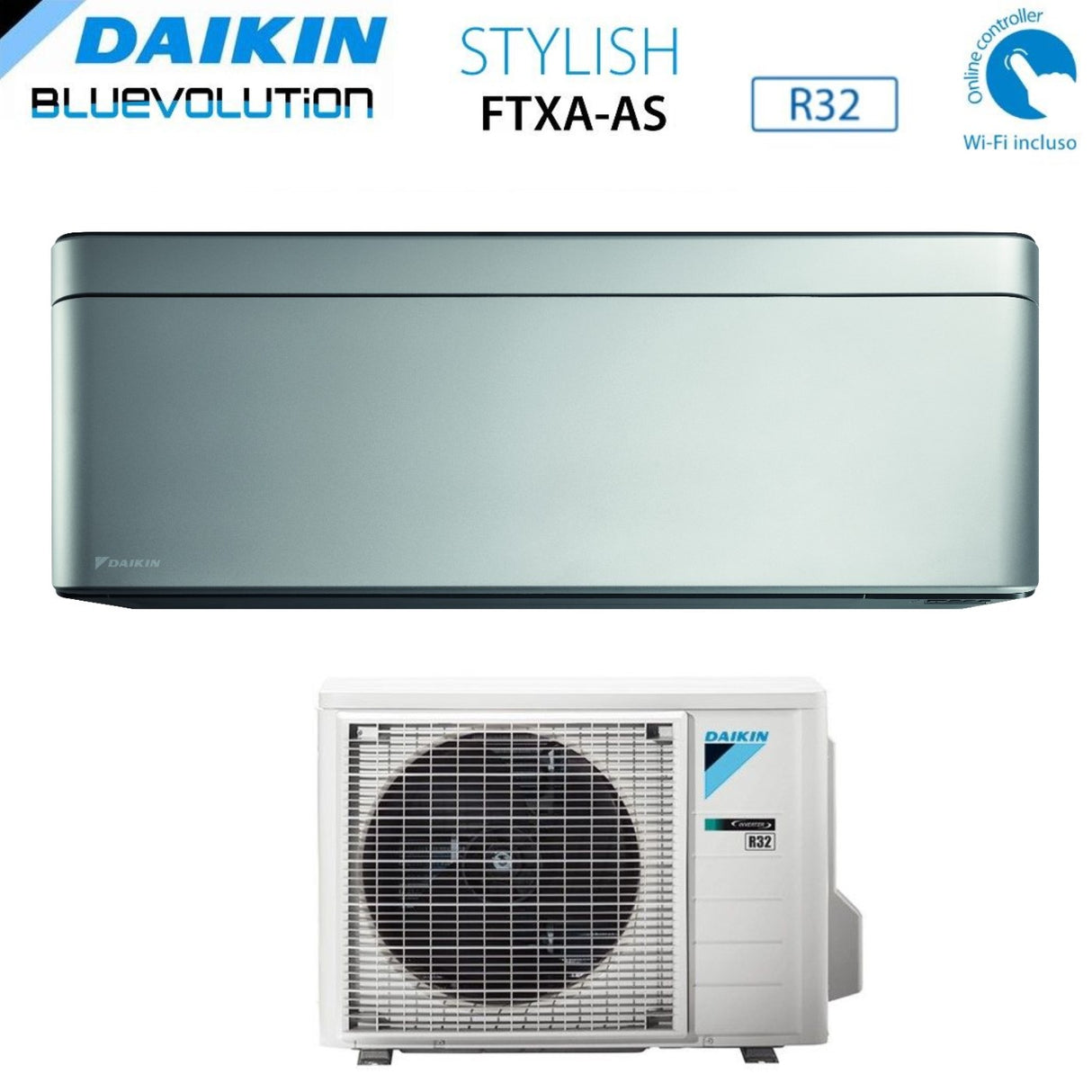 Climatizzatore Condizionatore Daikin Bluevolution Inverter serie STYLISH SILVER 7000 BTU FTXA20AS R-32 Wi-Fi Integrato classe A+++ GRIGIO