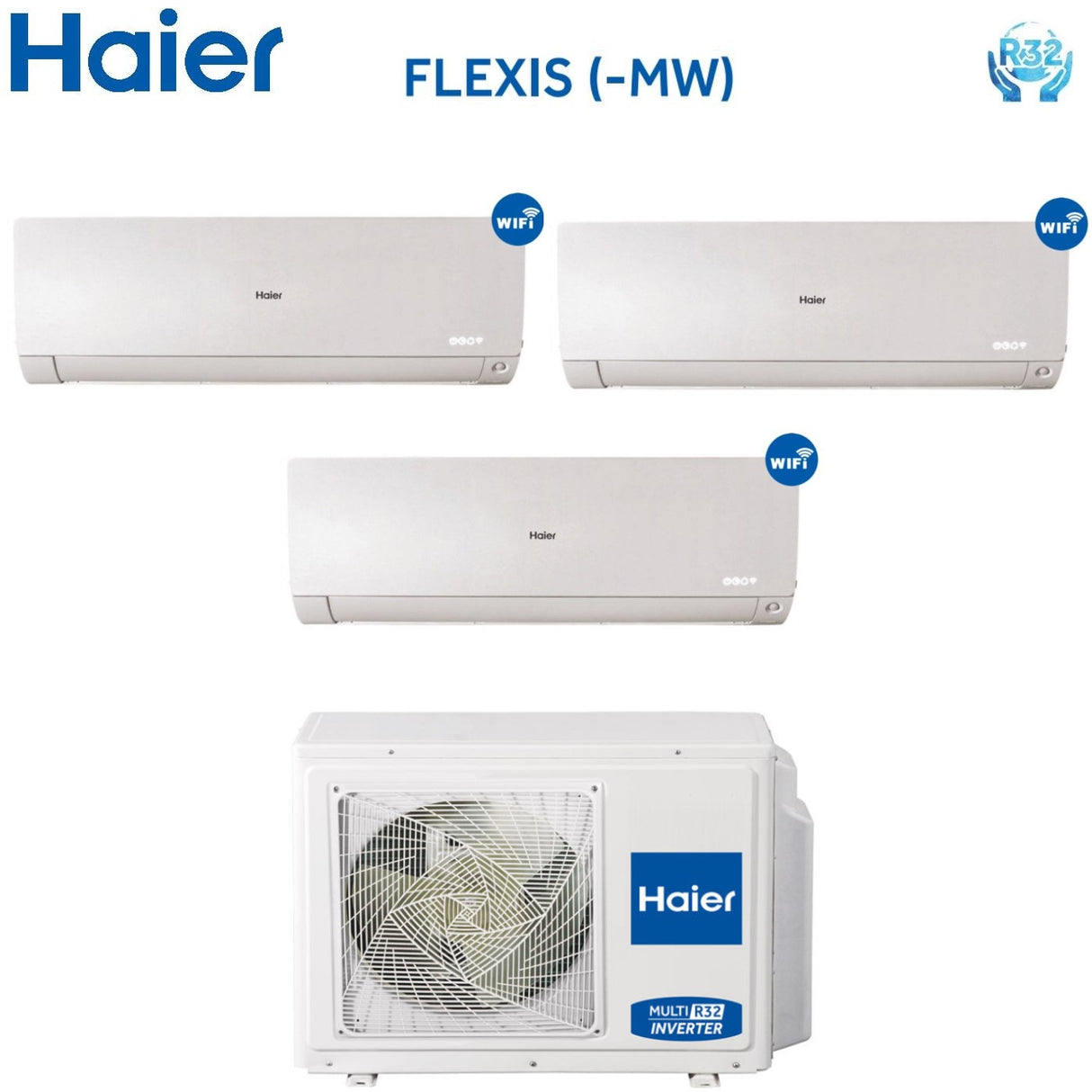 Climatizzatore Condizionatore Trial Split Inverter HAIER serie FLEXIS White 7000+7000+12000 btu con 3U70S2SR2FA R-32 Wi-Fi 7+7+12 - NOVITA'