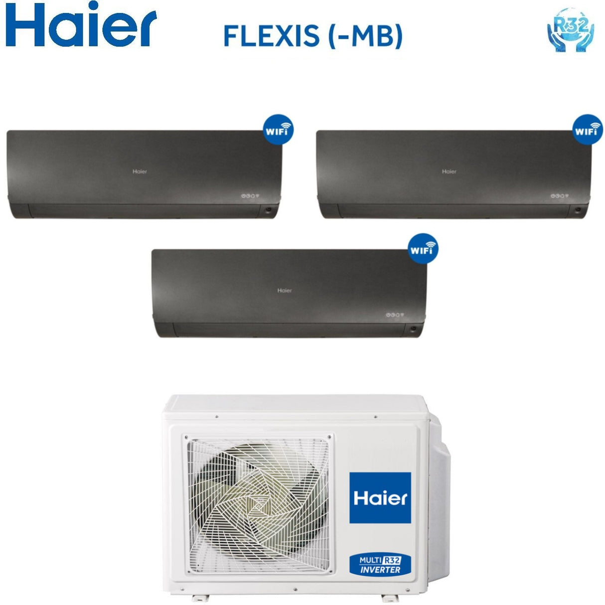 Climatizzatore Condizionatore Trial Split Inverter HAIER serie FLEXIS Black / Nero 9000+9000+9000 btu con 3U70S2SR2FA R-32 Wi-Fi 9+9+9 - NOVITA'