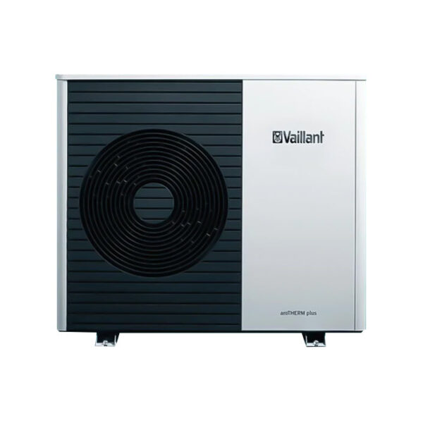 Energiezuinige Vaillant Monobloc aroTHERM PLUS VWL 65/6 A 230V S3 6 kW lucht/water warmtepomp met gas R290 A+++ in strak modern ontwerp.