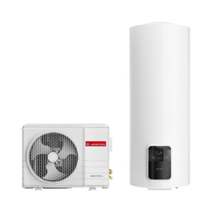 Moderne witte Warmtepomp Boiler Ariston Inverter NUOS SPLIT Wi-Fi ER 200 WH met 200 liter opslagcapaciteit.