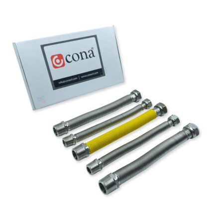 Flexibele Verbindingen CONA Aansluiting voor Wandboilers met certificering, afbeelding toont montagecontext.