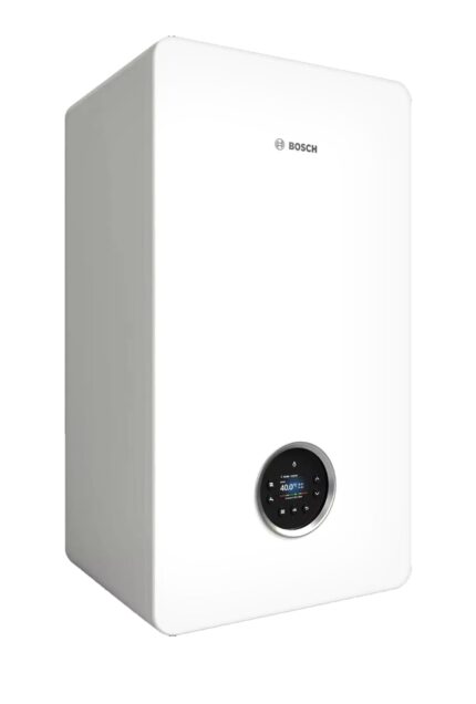 Condensatieketel Junkers Bosch CONDENS GC 5700i 15 P, aardgas of Lpg, met rookafvoerset - Krachtige verwarmingstoestel in witte behuizing.