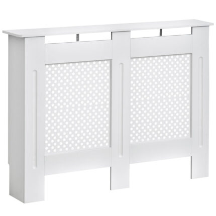 Moderne witte MDF radiatorombouw met rooster voor huis en kantoor, afmetingen 111.5x82x19 cm.