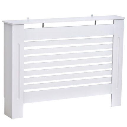 Moderne witte houten radiatorbescherming met lattenstructuur en plank, afmetingen 112 x 19 x 81cm.