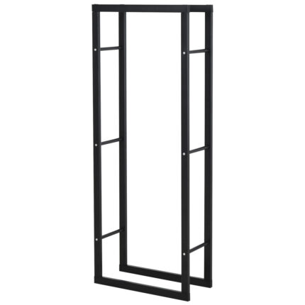 Verticaal houtopslagrek met metaalconstructie, afmetingen 60 x 25 x 150 cm, draagvermogen 100 kg.