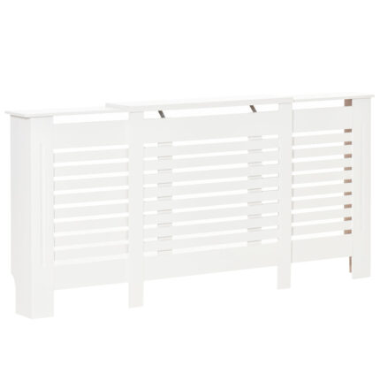 Verstelbare radiatorafdekking met bovenste plank in wit MDF en hout, 140-202x19x82.5cm