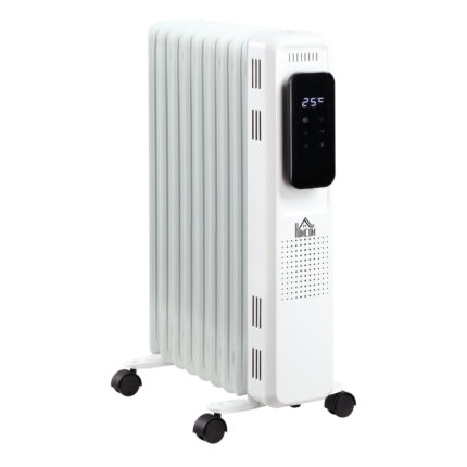 Witte olie-radiator met 9 elementen, 3 warmtestanden en timer, afmetingen 42.5x24x63cm.
