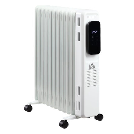 Moderne witte Olie Radiator met 11 elementen, 3 warmteniveaus en timer, afmetingen 50.5x24x63cm.