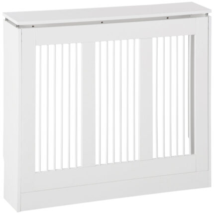 Moderne witte radiatorbescherming van MDF en staal, afmetingen 90x18x84cm, voor een elegante uitstraling.