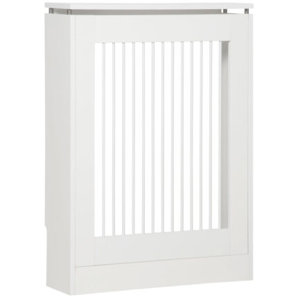 Moderne witte radiatorkap van MDF en staal, afmetingen 60x18x84cm, voor huiselijk gebruik.