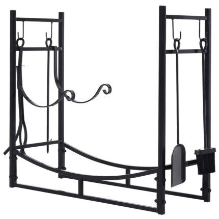 Metalen houtdrager in zwart met schep, bezem, stok en tang, afmetingen 84x33x76cm.