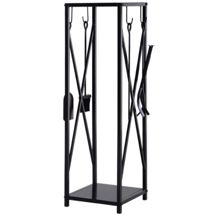 Ruimtebesparende zwarte metalen houthouder met schep, borstel, aansteekgereedschap en tangen. 34x34x111cm.