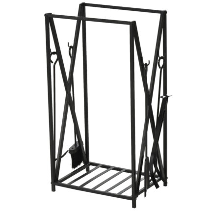 Stalen houtdrager met 4 gereedschappen, capaciteit 100kg, afmetingen 46x30x76cm, in zwart.