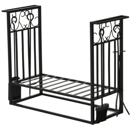 Roestvrijstalen houtdrager voor haard met 4 gereedschappen, geschikt voor binnen en buiten, afmetingen 75x30x60cm.