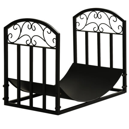 Metalen houtopslag met gebogen plank in zwart, geschikt voor binnen en buiten, afmetingen 60.5x36x46.5cm.