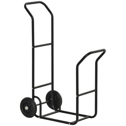 Stevige zwarte stalen houtwagen met 2 wielen, geschikt voor binnen en buiten, afmetingen 77x42x105cm.
