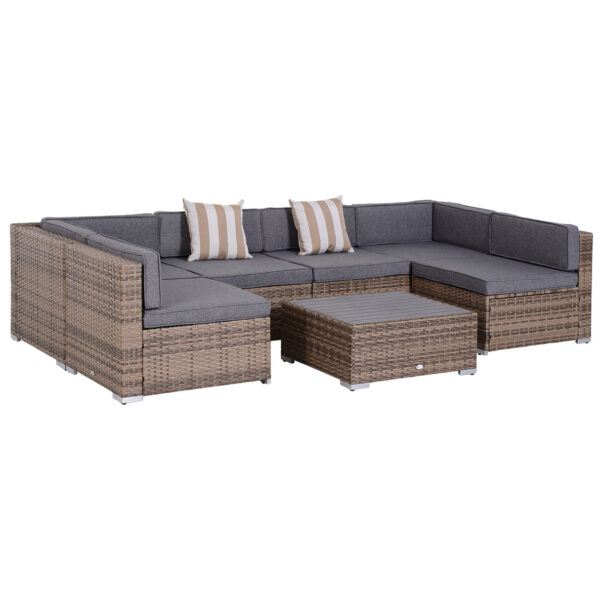 Easycomfort tuinset van 7 delen in rattan met tafel en modulaire bank met kussens, grijs